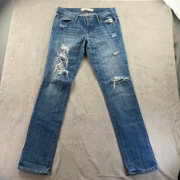 Abercrombie & Fitch Womens Jeans Size 6L Distressed Slim Straight Leg Blue Denim - Picture 14 of 15